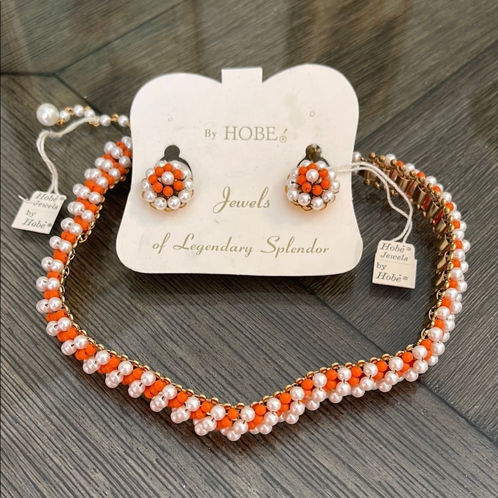 Vintage Hobe Orange and White Beaded Necklace and Clip Earring Set with Tags